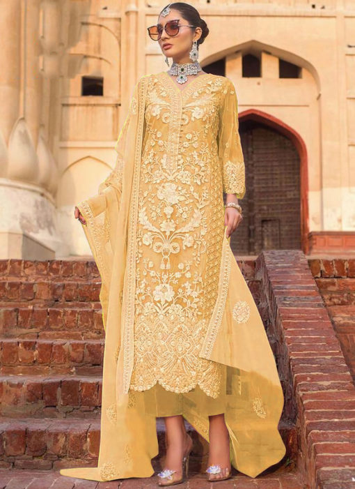 Yellow Partywear Designer Embroidered Work Soft Net  Pakistani Suit