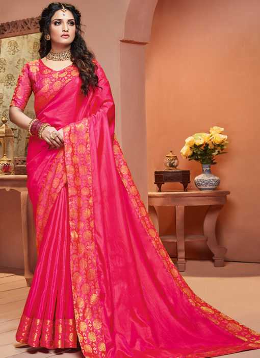 Elegant Pink Silk Zari Weaving Party Wear Saree
