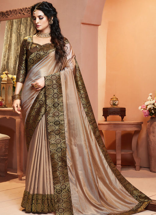 Lovely Beige Silk Zari Weaving Party Wear Saree