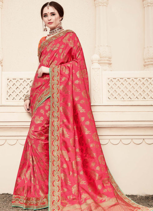 Alluring Pink Silk Designer Wedding Wear Saree