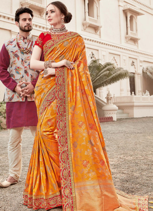 Wonderful Yellow Silk Designer Wedding Wear Saree