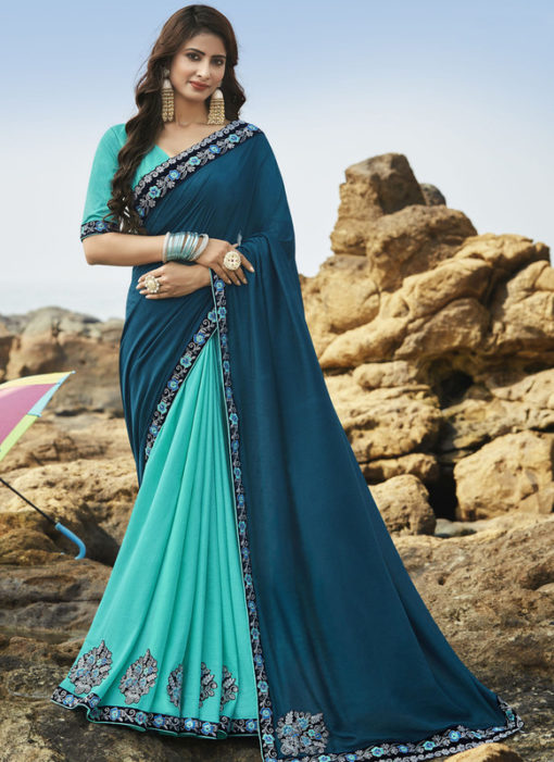 Lovely Turquoise Blue Art Silk Party Wear Saree