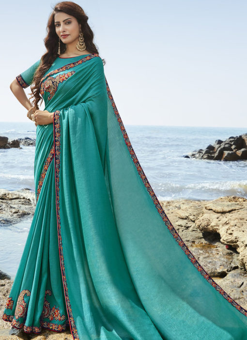 Lovely Turquoise Blue Art Silk Party Wear Saree