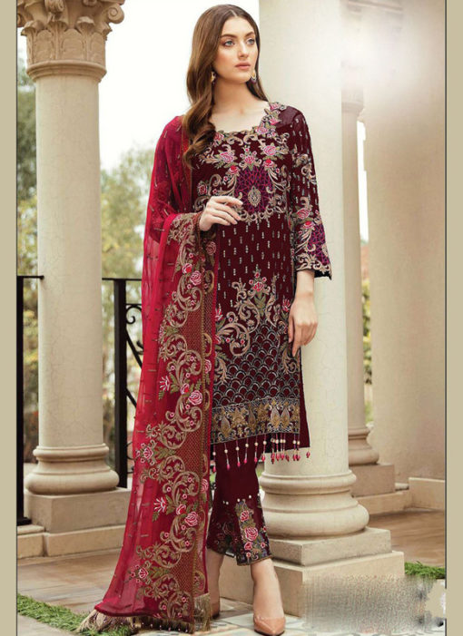 Partywear Maroon Faux Georgette Designer Pakistani Salwar Suit