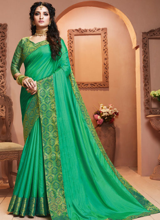 Opulent Sea Green Silk Zari Weaving Party Wear Saree