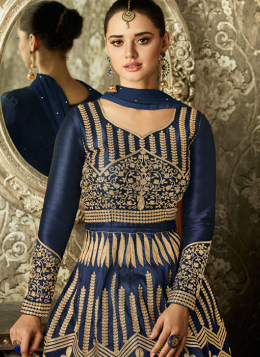 Blue Melbourne Silk Wedding Floor Length Anarkali Suit