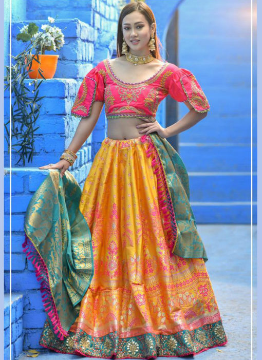 Lovely Yellow Banarasi Silk Wedding Wear Designer Lehenga Choli