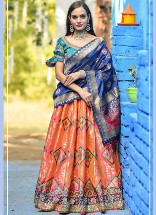 Enticing Orange Banarasi Silk Wedding Wear Designer Lehenga Choli