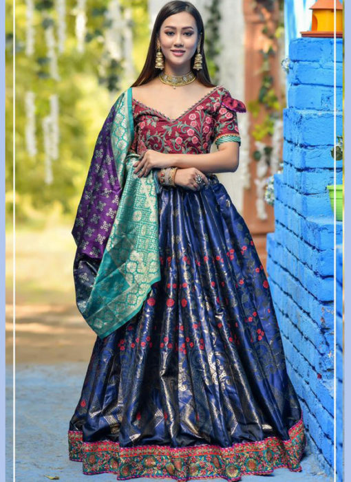 Classy Blue Banarasi Silk Wedding Wear Designer Lehenga Choli