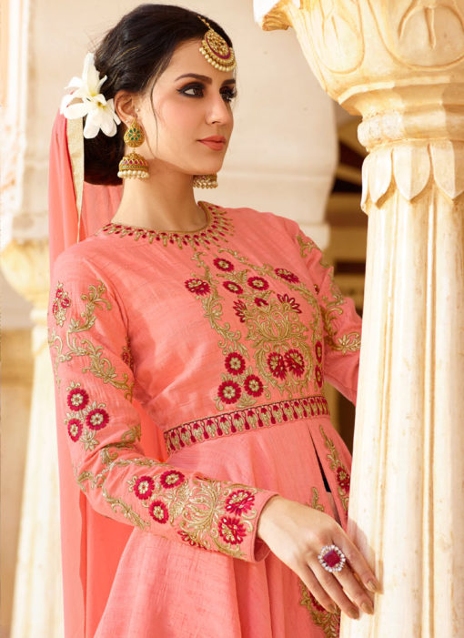 Pink Silk Embroidered Designer Skirt Kameez