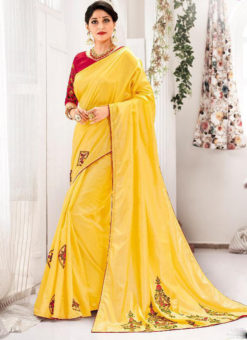 Yellow Silk Embroidered Work Party Wear Saree