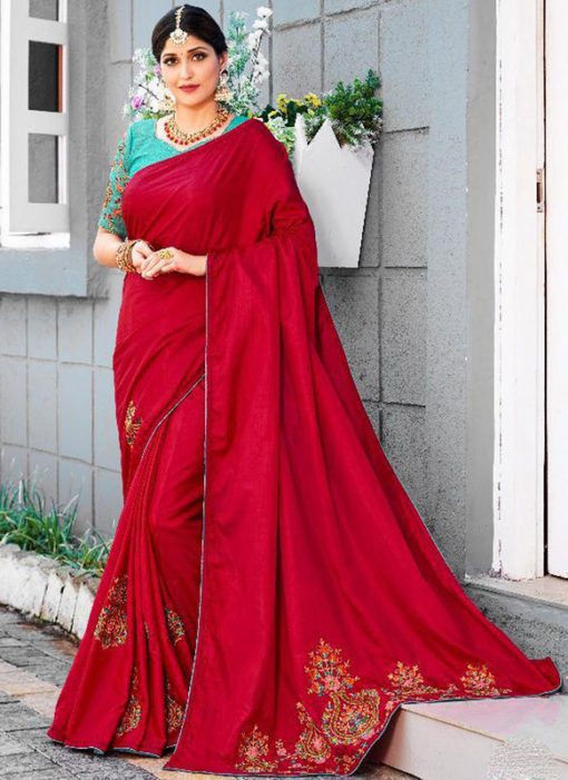 Red Silk Embroidered Work Party Wear Saree