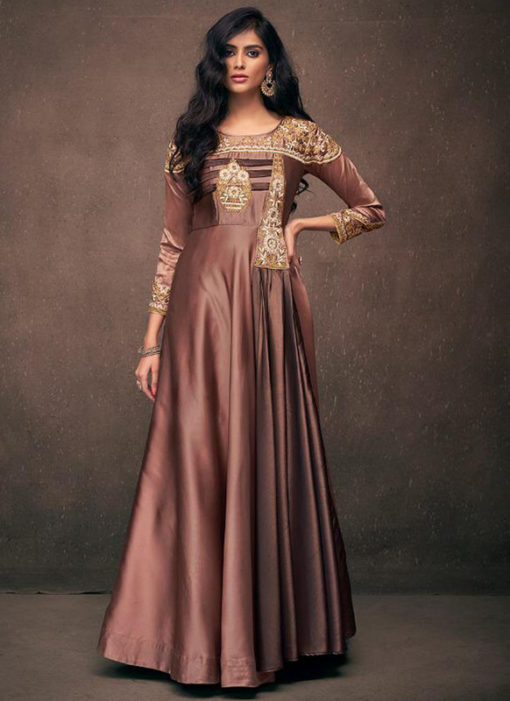 Amazing Brown Satin Designer Wedding Gown