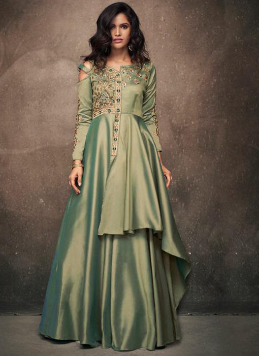 Dazzling Green Satin Designer Wedding Gown