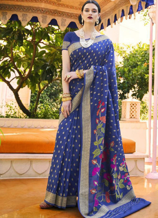 Elegant Blue Silk Printed Traditional Saree