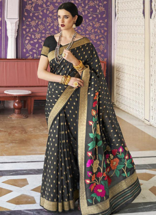 Attractive Black Silk Printed Traditional Saree