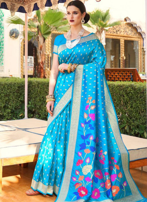 Amazing Sky Blue Silk Printed Traditional Saree