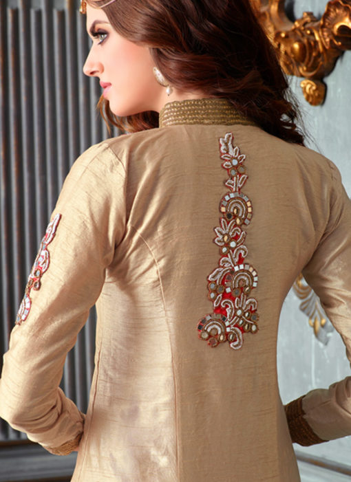 Gold Art Silk Designer Wedding Wear Embroidered Wrok Lehenga Style Suit