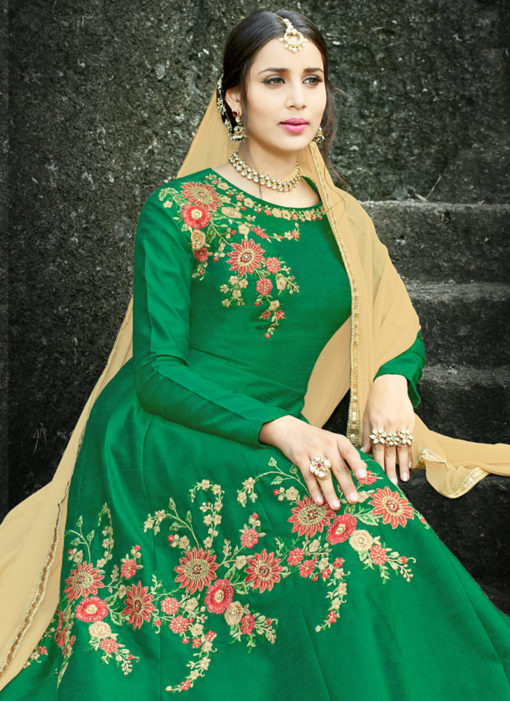 Green Silk Embroidered Gown Style Anarkali Suit
