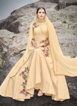 Beige Silk Embroidered Gown Style Anarkali Suit