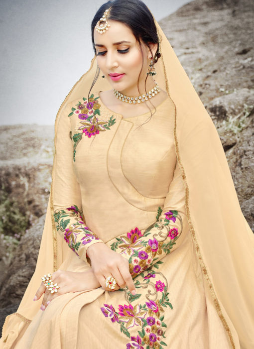 Beige Silk Embroidered Gown Style Anarkali Suit