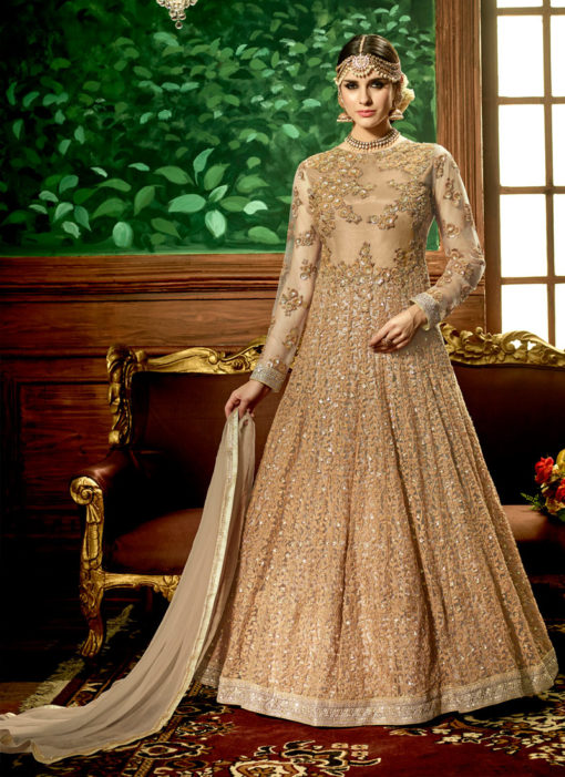 Beige Net Floor Length Anarkali Salwar Suit Shahna