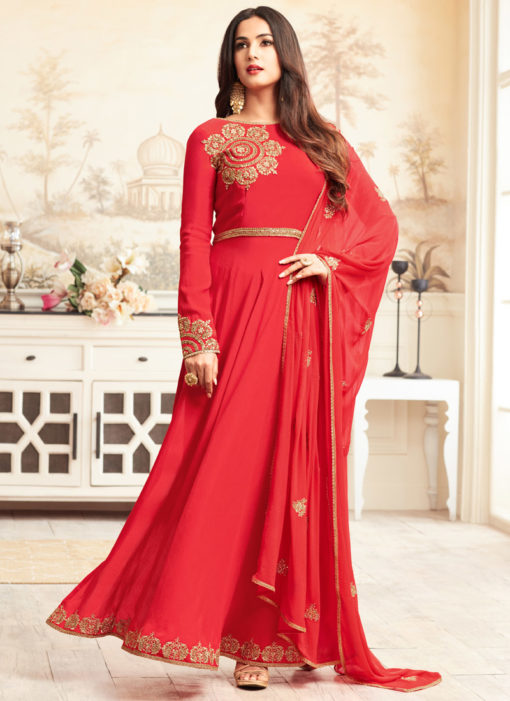 Red Art Silk Sonal Chauhan Abaya Style Designer Anarkali Suit