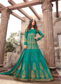 Green Banarsi Silk Floor Length Designer Anarkali Salwar Kameez