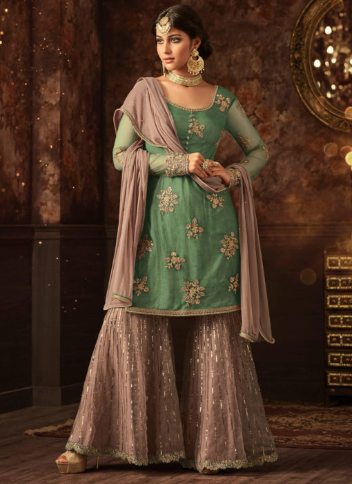 Green Net Embroidered Work Party Wear Designer Sharara Suit