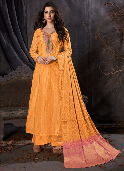 Yellow Silk Designer Party Wear Palazzo Suit