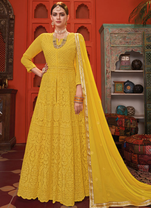 Attractive Yellow Georgette Embroidered Work Designer Anarkali Suit