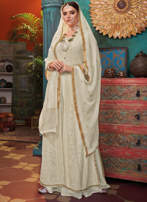 Lovely White Georgette Embroidered Work Designer Anarkali Suit
