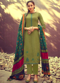 Green Cotton Designer Embroidred Work Salwar Kameez