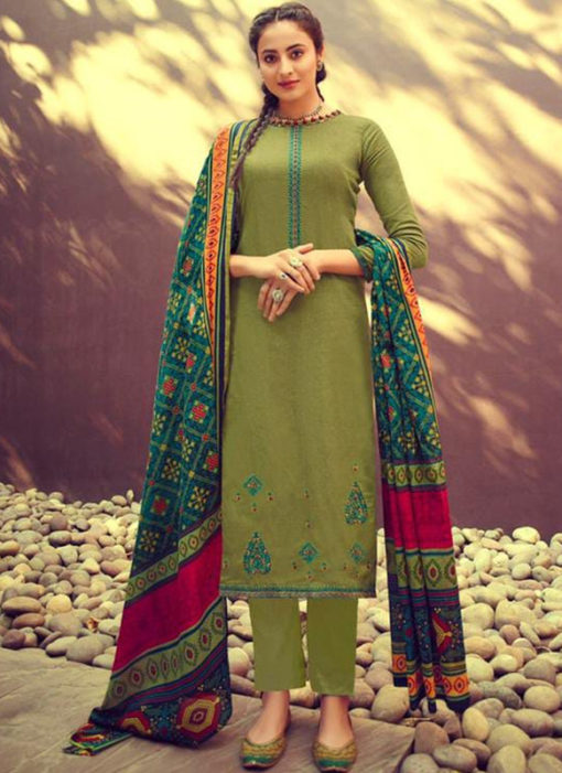 Green Cotton Designer Embroidred Work Salwar Kameez