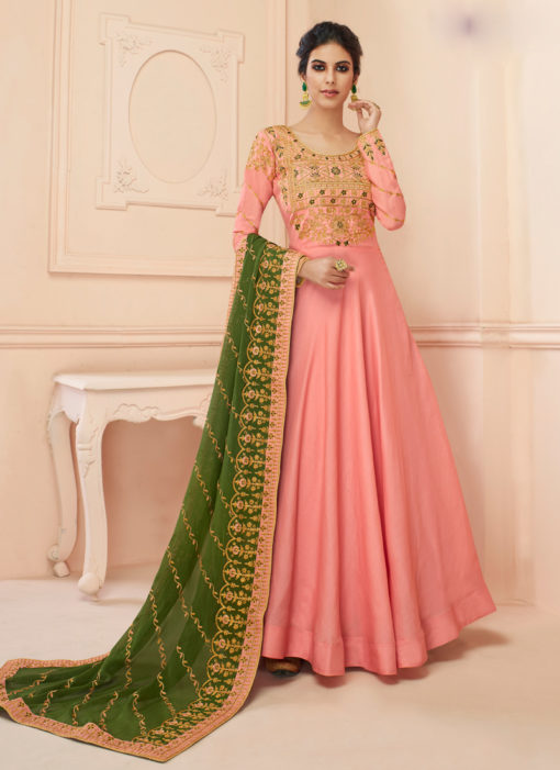 Pink Tussar Silk Wedding Gown Style Anarkali suit