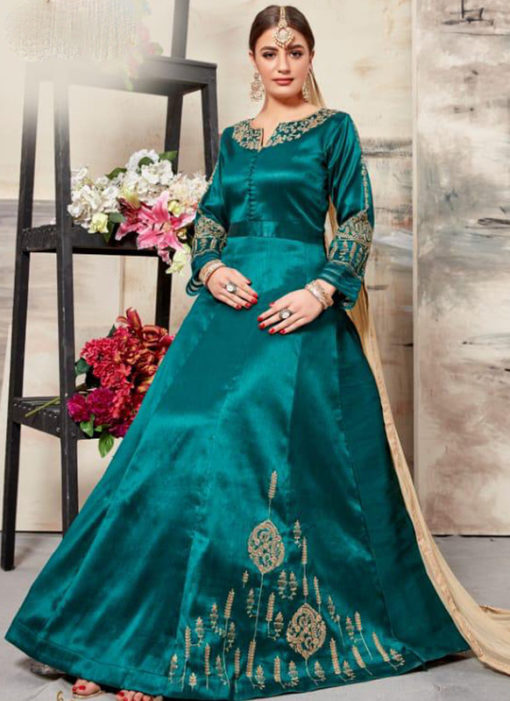 Elegant Green Silk Embroidered Work Designer Anarkali Salwar Suit