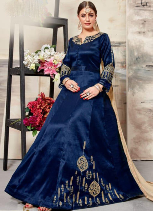 Lovely Blue Silk Embroidered Work Designer Anarkali Salwar Suit