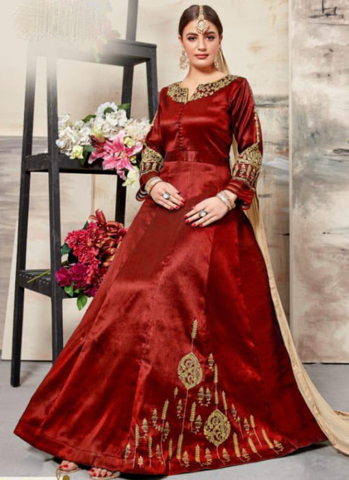 Glorious Red Silk Embroidered Work Designer Anarkali Salwar Suit
