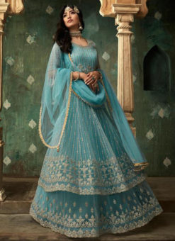 Sky Blue Net Wedding Wear Embroidered Work Designer Long Lehenga Choli