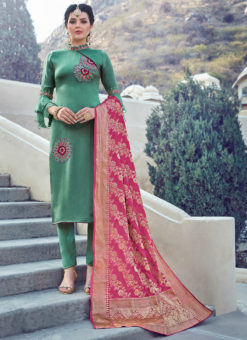 Green Party Wear Banarsi Silk Designer Straight Cut Suits