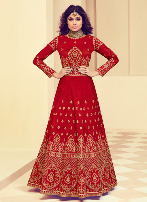Red Mulberry Silk Party Designer Anarkali Suit