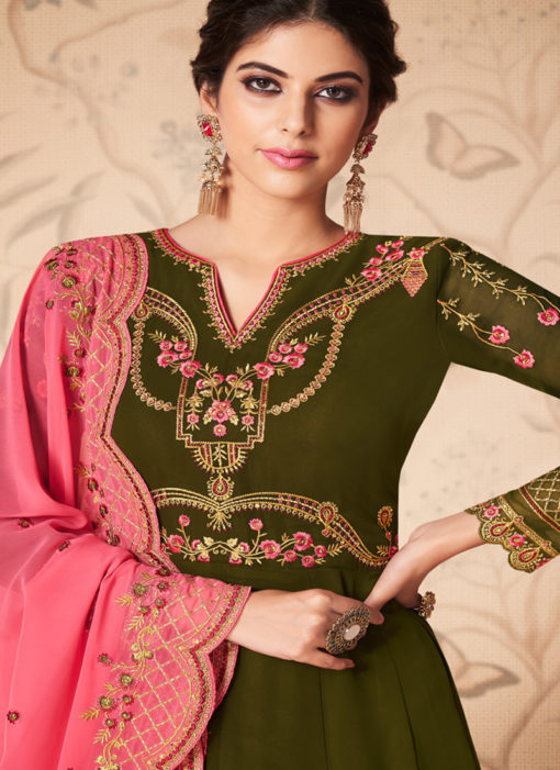 Green Georgette Embroidered Abaya Style Suits