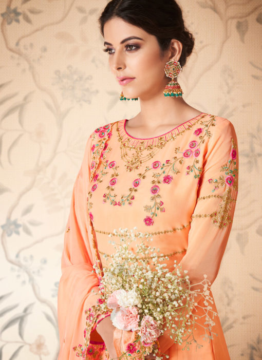 Peach Georgette Embroidered Abaya Style Suits
