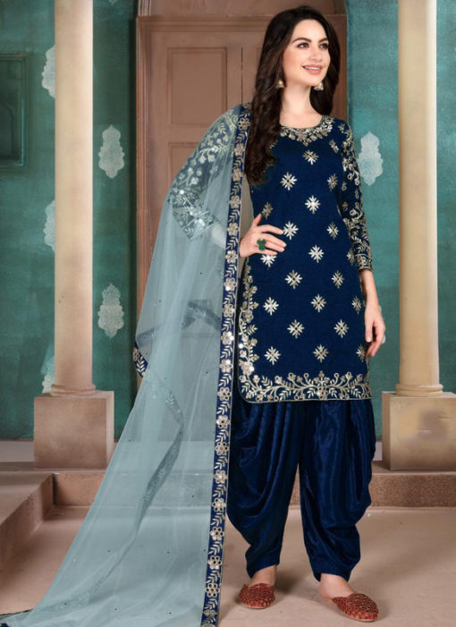 Blue Art Silk Embroidered Work Designer Patiyala Salwar Suit