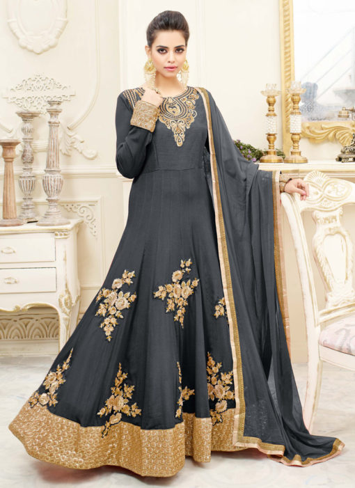 Grey Chiffon Floor Length Anarkali Salwar Suit Shemaya