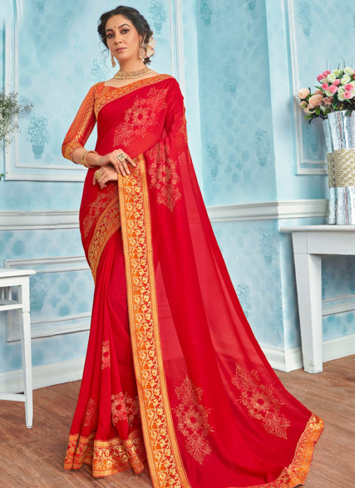 Traditional Red Designer Party Wear Georgette Saree