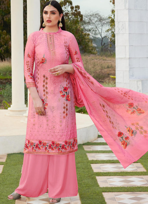 Pink Jam Cotton Printed Casual Wear Palazzo Suit