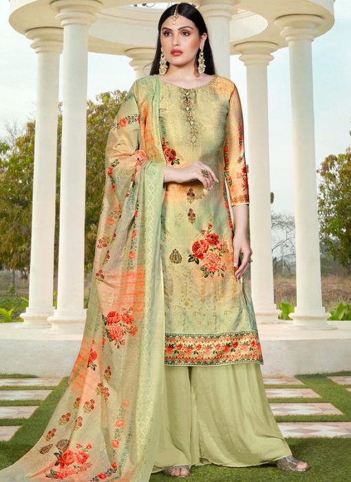 Green Jam Cotton Printed Casual Wear Palazzo Suit