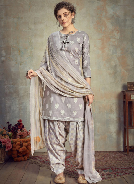 Grey Cotton Casual Wear Patiyala Salwar Suit