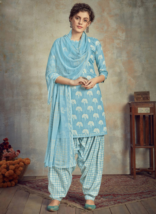 Sky Blue Cotton Casual Wear Patiyala Salwar Suit